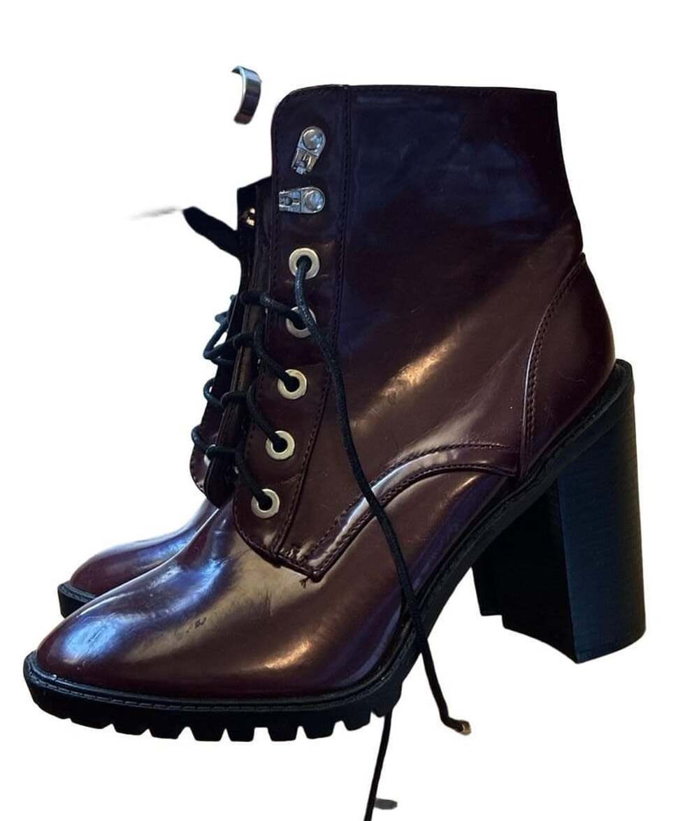Burgundy Patent Leather Lace-Up Chunky Heel Ankle Boots Size 9